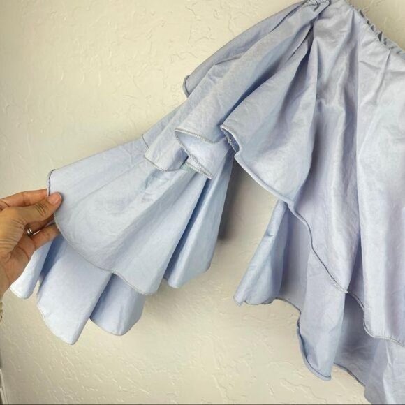 La Garconne‎ Moderne Tiered Ruffle Off-The-Shoulder Blouse Light Blue Layered - Picture 2 of 7